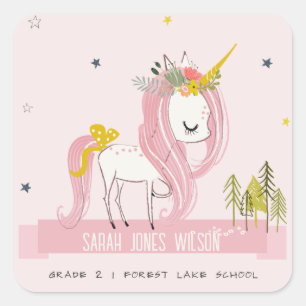 Cute Chic Whimsical Magical Unicorn Pink Princess Square Sticker