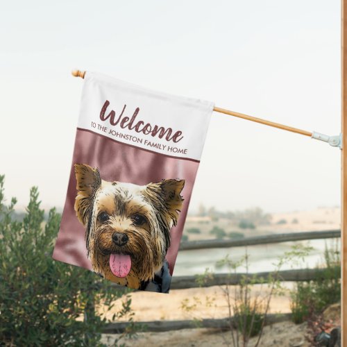 Cute Chic Yorkie Dog Welcome Rose Gold Family Name House Flag