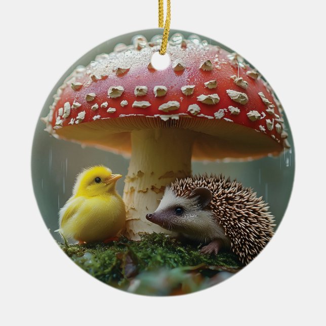 Cute Chick and Hedgehog Hiding Under a Mushroom Ceramic Ornament (Front)