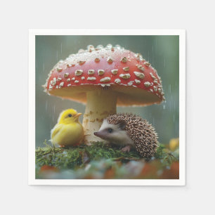 Cute Chick and Hedgehog Hiding Under a Mushroom Napkins