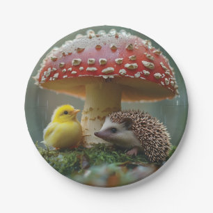 Cute Chick and Hedgehog Hiding Under a Mushroom Paper Plates