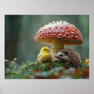 Cute Chick and Hedgehog Hiding Under a Mushroom Poster