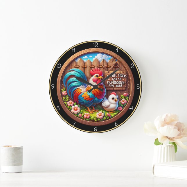 Cute Chick and Old Rooster. Large Clock (Home)