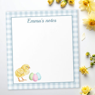 Cute Chick And Pastel Eggs On Blue Gingham Easter Notepad
