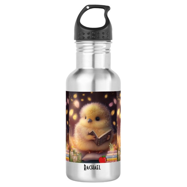 Cute Chick Book Lover Personalized Name Stainless Steel Water Bottle (Front)