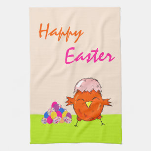 Cute chick colorful Easter eggs Happy Easter Kitchen Towel