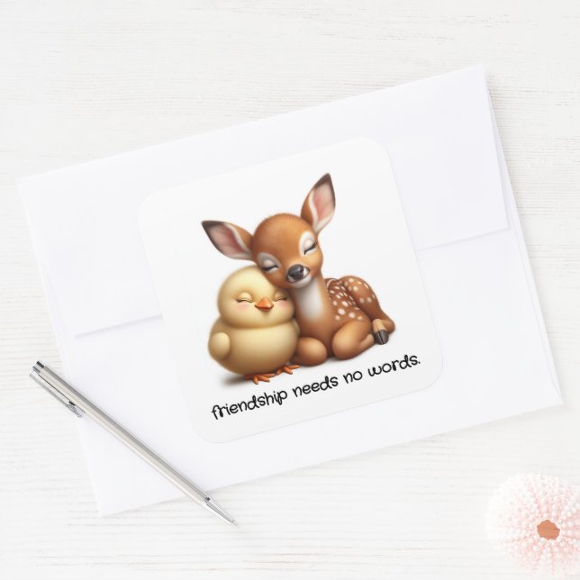 Cute Chick & Deer Cuddling Best Friends Square Sticker (Envelope)