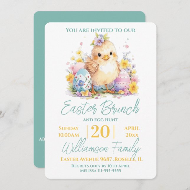 Cute Chick Floral Blue Easter Brunch  Invitation (Front/Back)