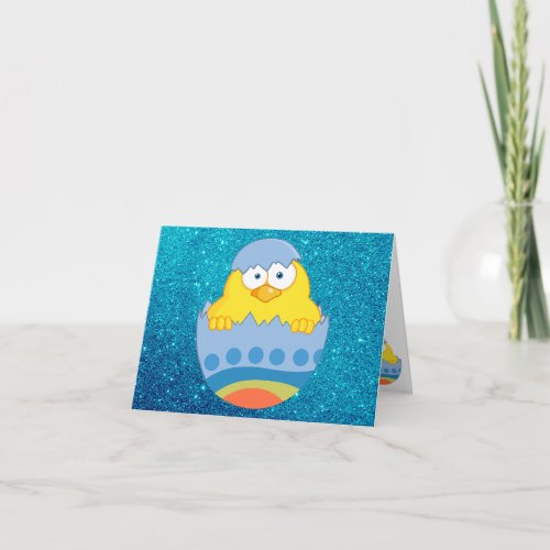 Cute Chick Hatching From Blue Colorful Easter Egg Holiday Card