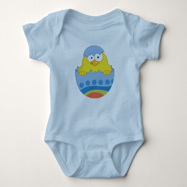 Cute Chick Hatching From Blue Colorful Egg Baby Bodysuit (Front)