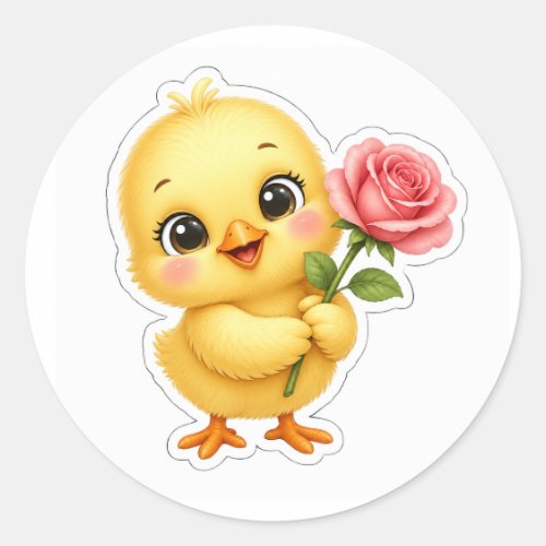 Cute Chick Holding a Rose – Adorable Baby Chicken  Classic Round Sticker