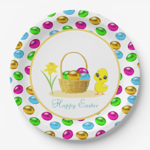 Cute Chick & Multicolored Easter Eggs Paper Plates