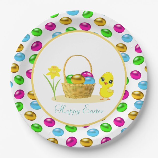Cute Chick & Multicolored Easter Eggs Paper Plates (Front)