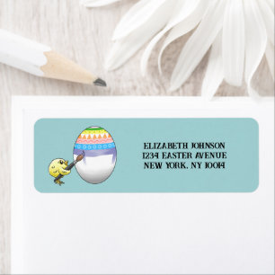 Cute chick paints a beautiful Easter egg Label