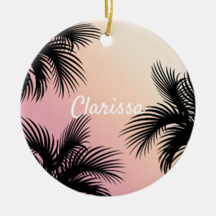 Cute chick pink yellow ombre tropical palm leaves ceramic ornament