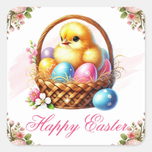 Cute Chick with Colorful Eggs Happy Easter Square Sticker