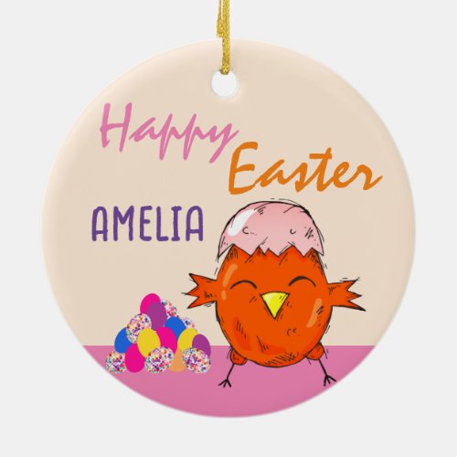 Cute Chick with Easter Eggs Happy Easter Ceramic Ornament