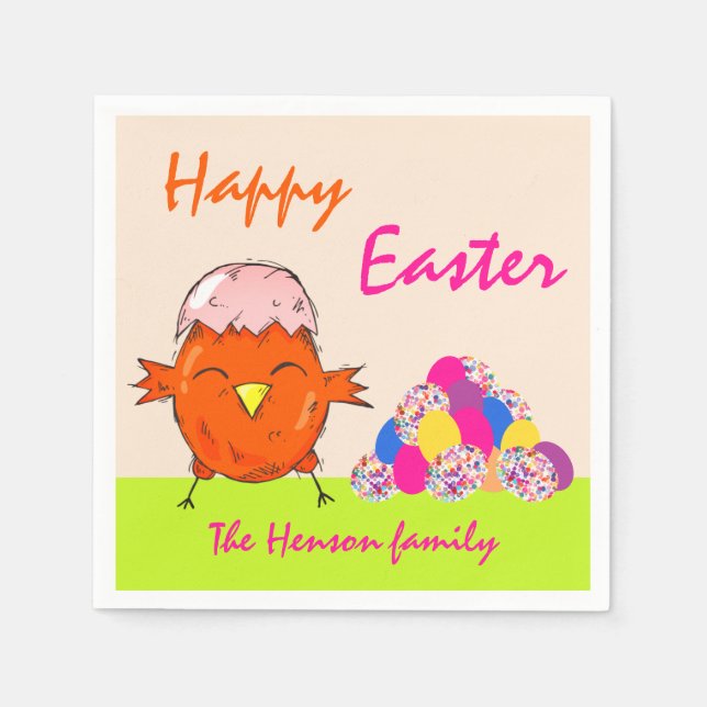 Cute Chick with Easter Eggs Happy Easter Napkins (Front)