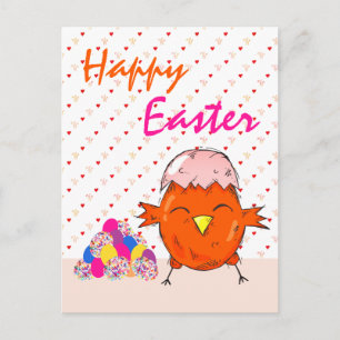 Cute Chick with Easter Eggs Heart Happy Easter Holiday Postcard