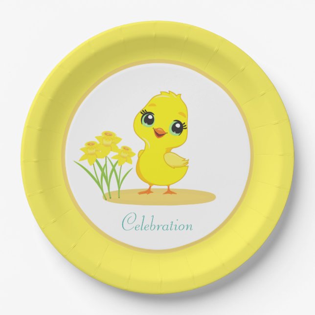 Cute Chick with Flowers on Yellow & White Paper Pl Plates (Front)