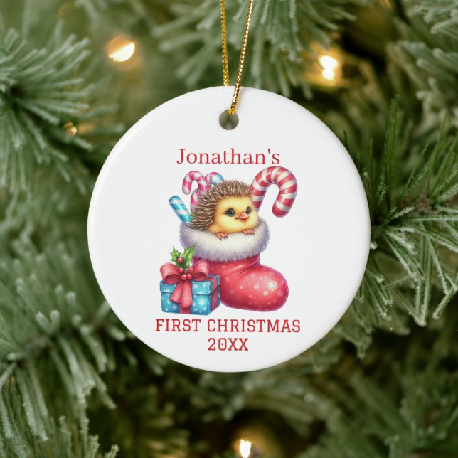 Cute Chick with Hedgehog Fur Christmas Ceramic Ornament (Tree)