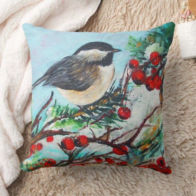 Cute Chickadee Bird Art Throw Pillow (Blanket)