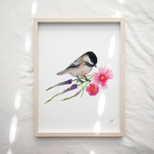 Cute Chickadee Bird Flowers Art Print