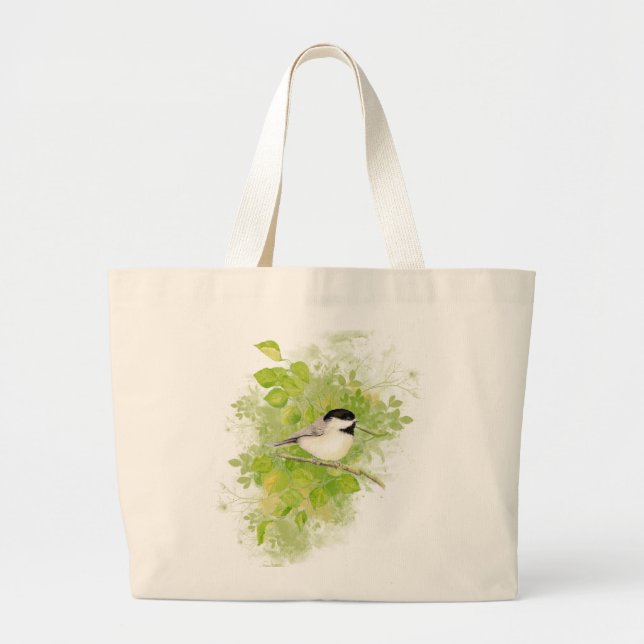 Cute Chickadee Bird in Poplar Tree Large Tote Bag (Front)