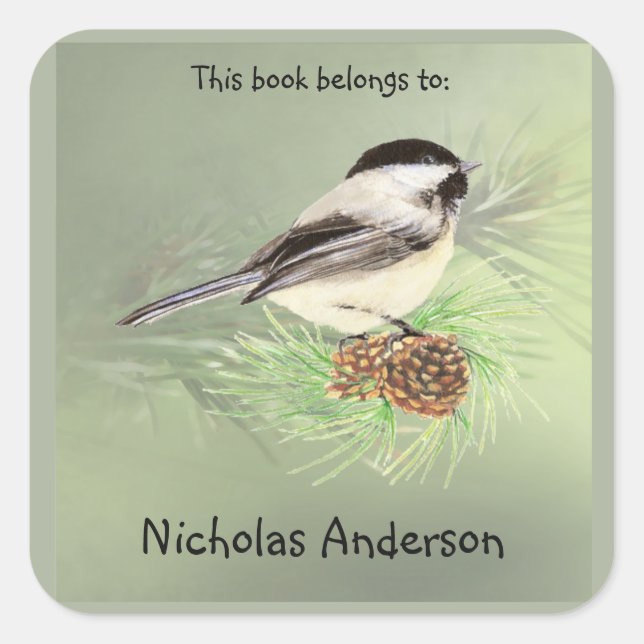 Cute Chickadee Bird & Pine Nature Art Bookplate (Front)