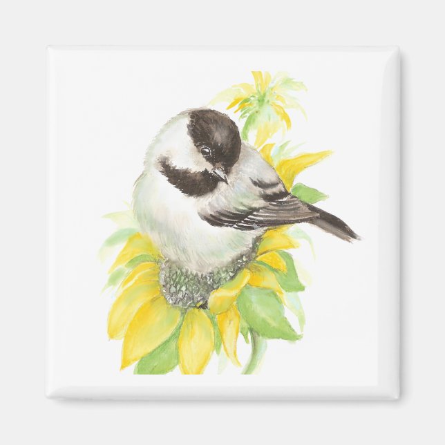 Cute Chickadee, Bird, Sunflower, Garden, Nature Magnet (Front)