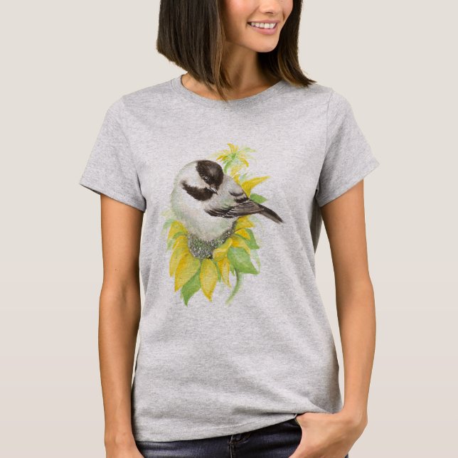 Cute Chickadee, Bird, Sunflower, Garden, Nature T-Shirt (Front)