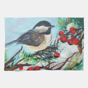Cute Chickadee Bird With Berries On Branch Kitchen Towel