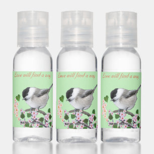 Cute chickadee bird with flowers on lime green hand sanitizer
