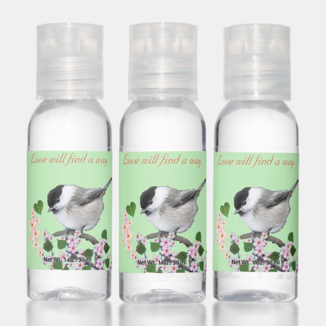 Cute chickadee bird with flowers on lime green hand sanitizer (Set)