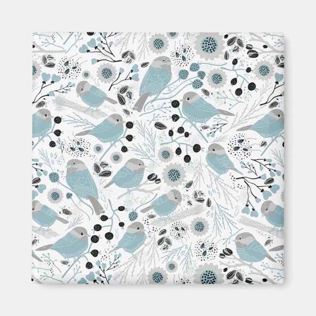 Cute Chickadee Birds Blue Gray Flowers Berries Magnet (Front)