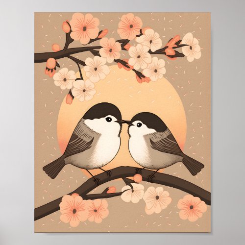 Cute Chickadee Couple Kissing Sunset Poster