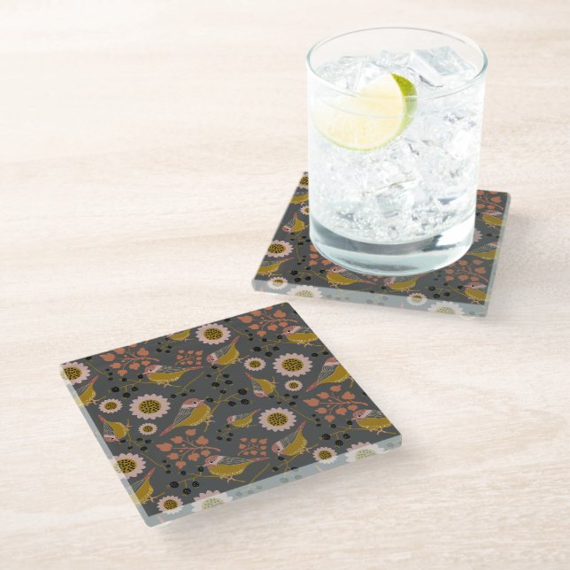 Cute Chickadee Gold Pink Black Berries Flowers Glass Coaster (Angled)