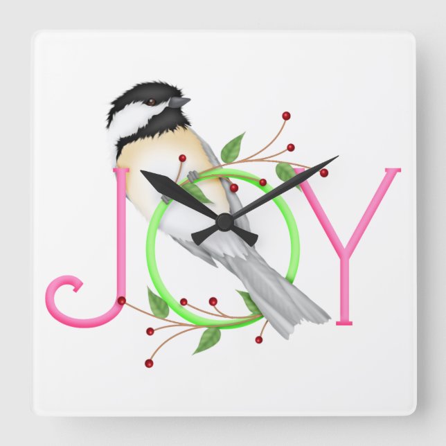 Cute Chickadee "Joy" Square Wall Clock (Front)