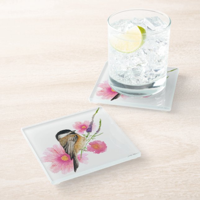 Cute Chickadee Pink Flowers Watercolor Glass Coaster (Angled)