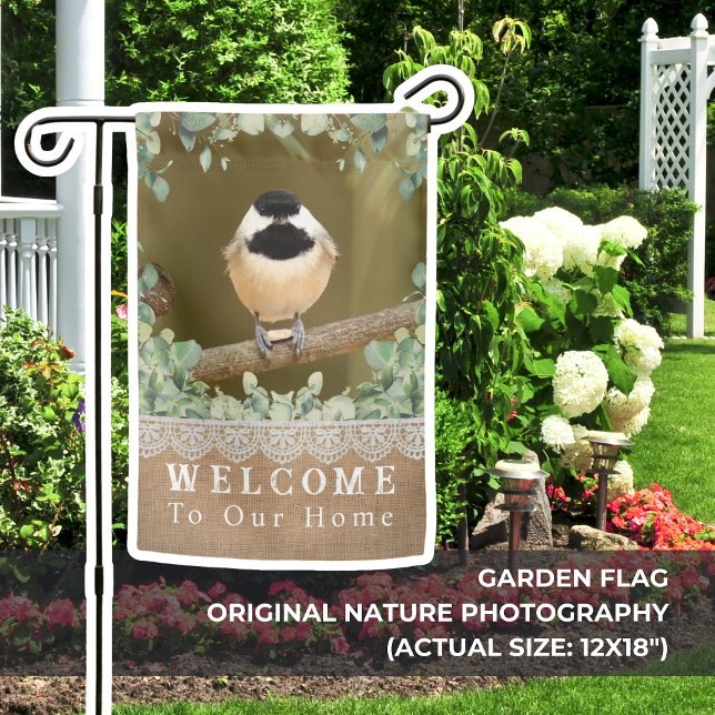 Cute Chickadee Rustic Welcome Home Garden Flag (Carolina Chickadee Welcome to Our Home Garden Flag is cute, rustic, and perfect for welcoming guests)