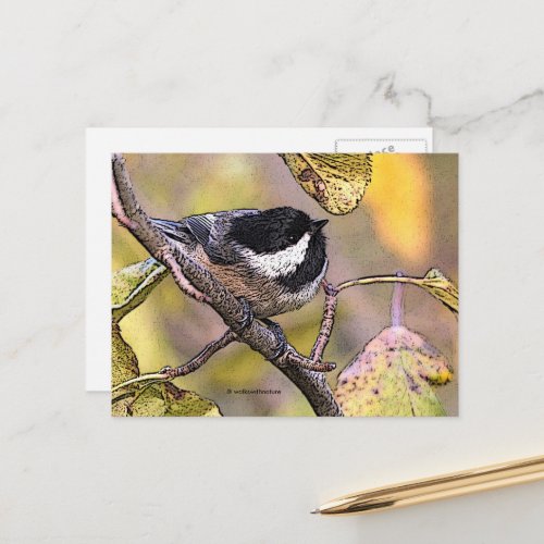 Cute Chickadee Songbird under Blackberry Leaf Postcard