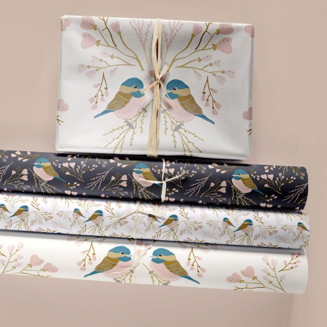 Cute Chickadee Trio Decoupage Gift Wrapping Paper Sheets (Cute Pink Gold Blue Chickadee Hearts Floral Wrapping Paper Sheets from Studio Posies.)