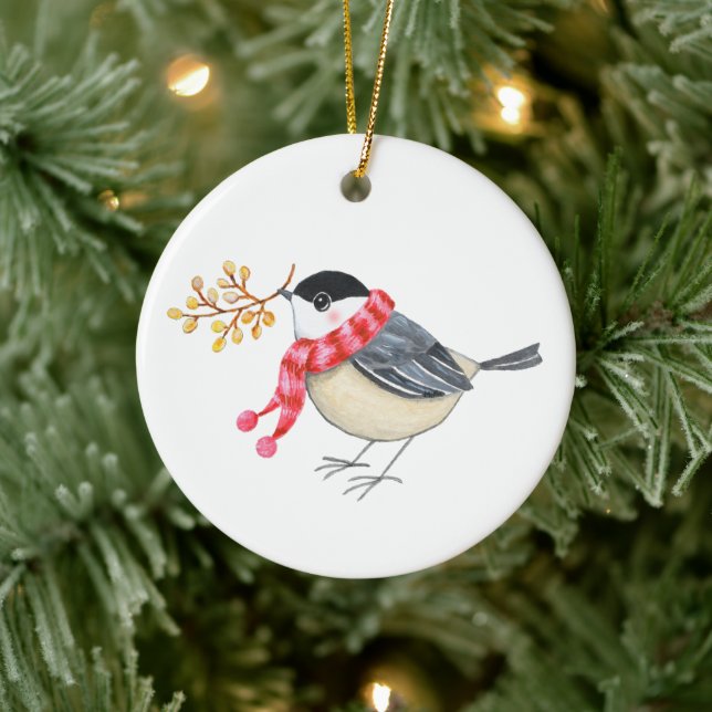 Cute Chickadee with Golden Sprig Personalized name Ceramic Ornament (Tree)