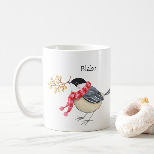 Cute Chickadee with Scarf Bringing Gift Custom Coffee Mug (With Donut)