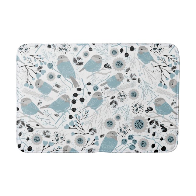 Cute Chickadees Blue Black Gray Bath Mat (Front)