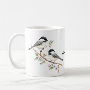 Cute chickadees on Floral Branch Custom Name Coffee Mug
