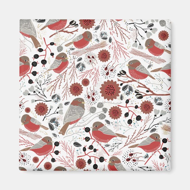 Cute Chickadees Red Gray Pattern Floral Magnet (Front)