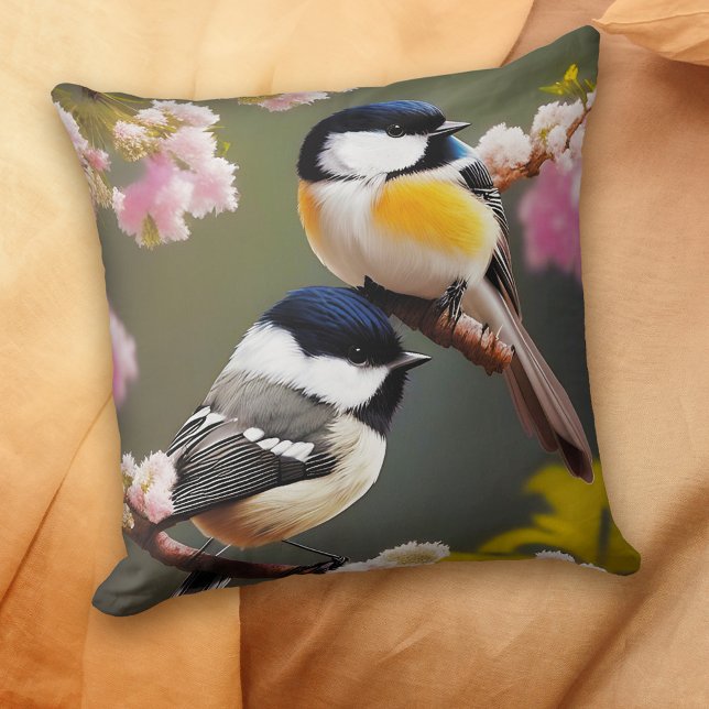 Cute Chickadees Spring Birds Throw Pillow (Creator Uploaded)