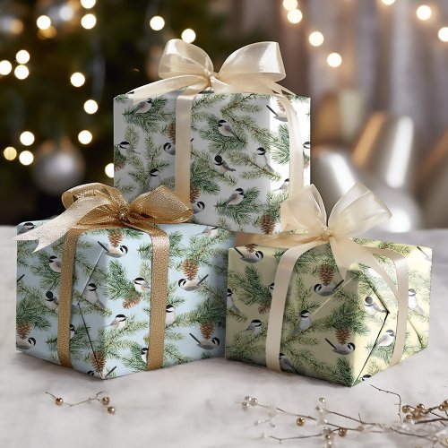 Cute Chickadees Watercolor Christmas Wrapping Paper Sheets