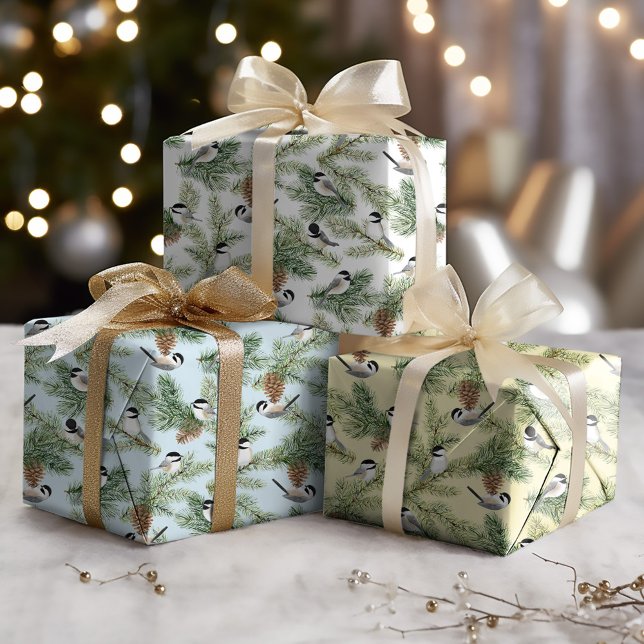 Cute Chickadees Watercolor Christmas Wrapping Paper Sheets (Creator Uploaded)
